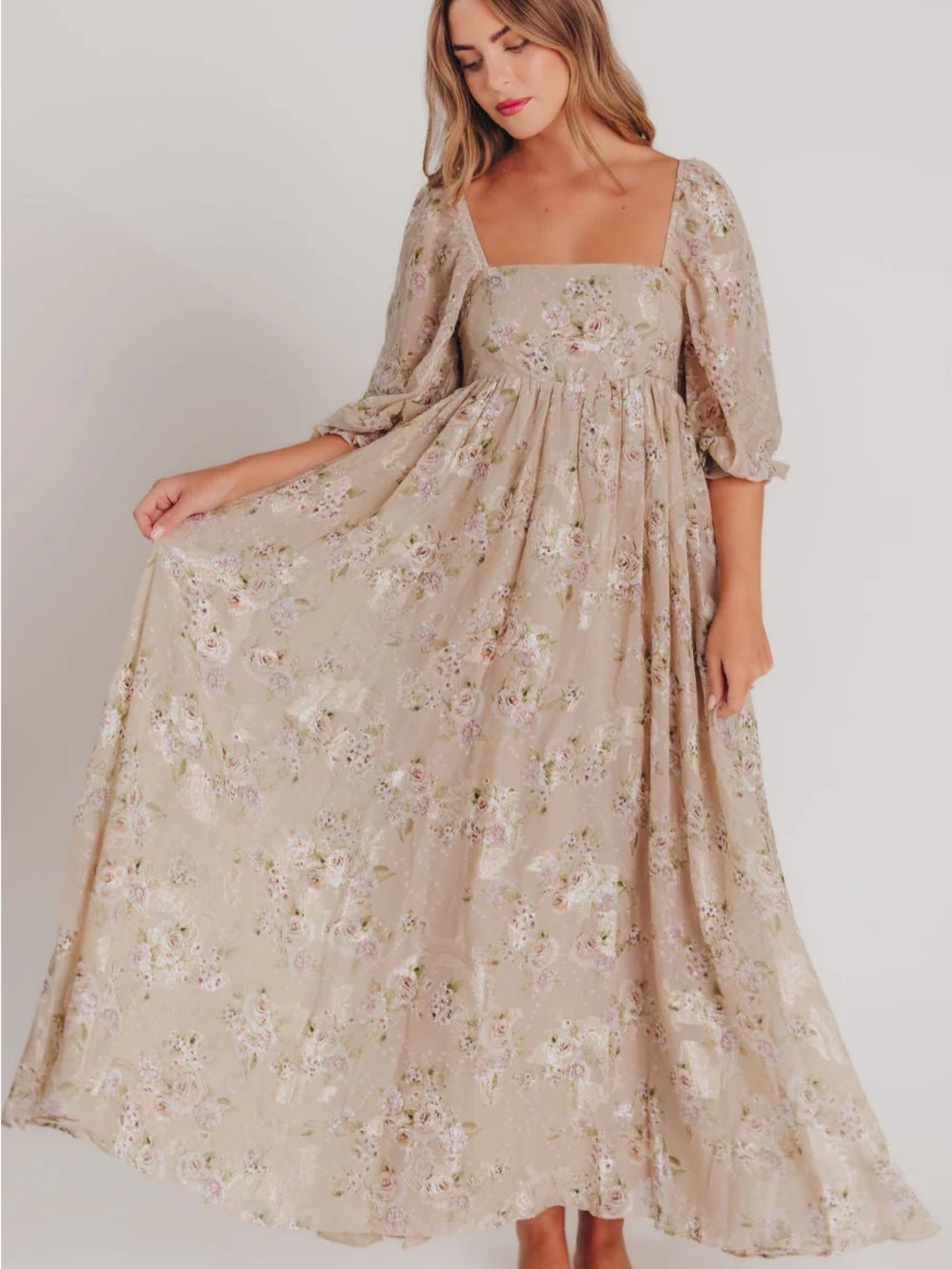 Worth collective Beige Floral Square-Neck Maxi Dress with Puff Sleeves